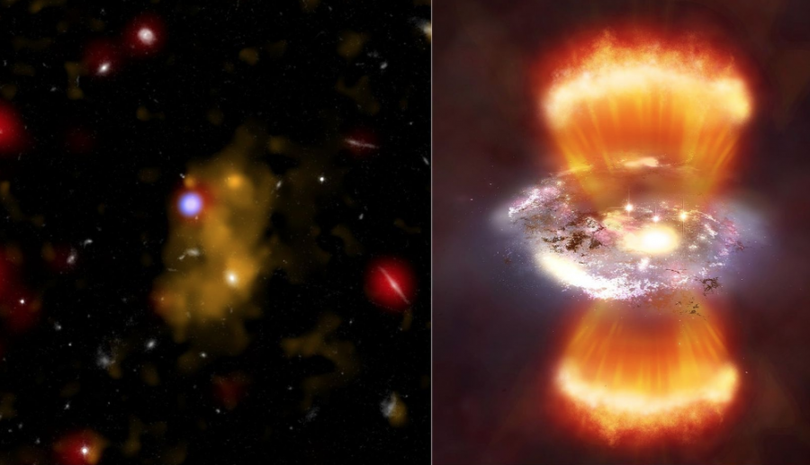 Left panel: a large Lyman-alpha blob. Glowing hydrogen gas in the blob is shown by the yellow. A galaxy (white) is visible within the blob. The blue (x-ray) shows evidence for a growing supermassive black hole. Right panel: artist depiction of how a blob would look up close.