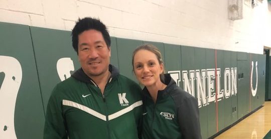 Coach Joe Lee and Laura Chegwidden at track practice. Photo by Haripriya Kemisetti.