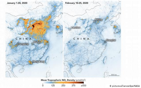 Two side by side pictures showing the difference of nitrogen dioxide between January and February in China of the same year.