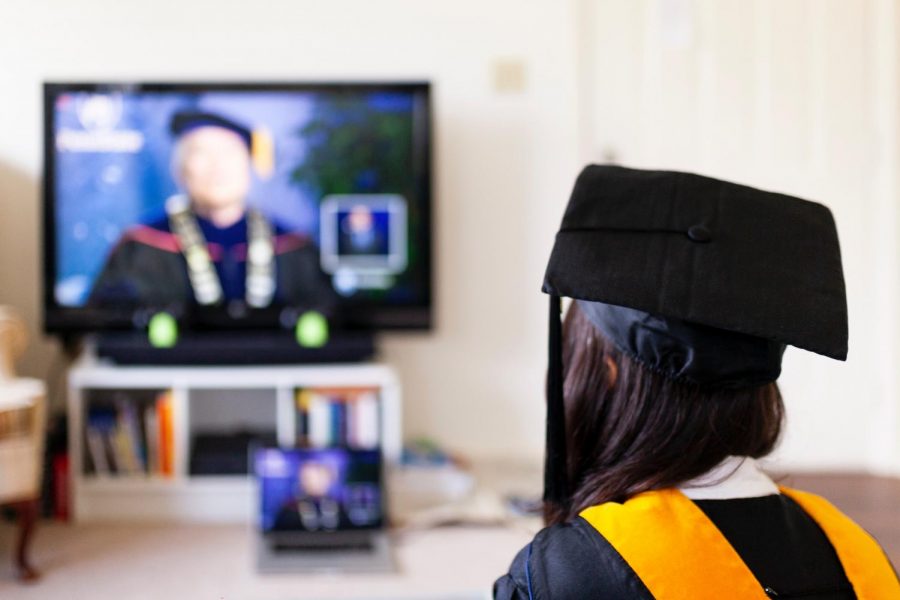 A college student in her virtual graduation.