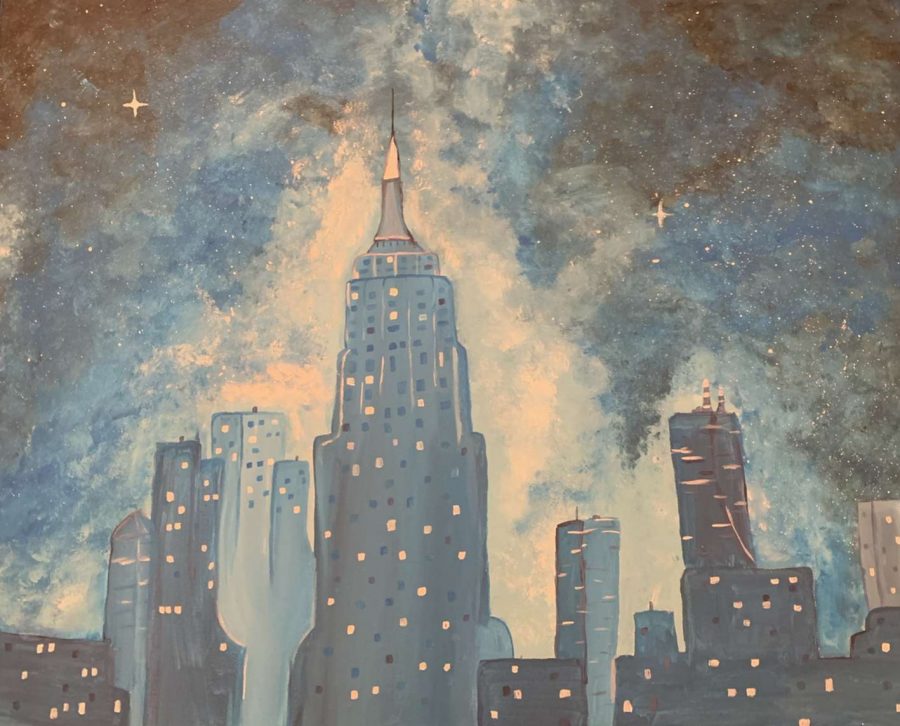 A+painting+made+with+blue+tones+of+a+city+skyline+and+the+galaxy+above.