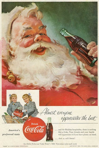  Credit: "Coca-Cola" by twm1340 from Creative Commons. This photo features a well known figure Santa and a pair of children advertising Coca Cola. 