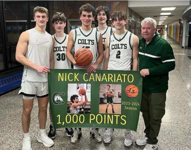  Left to right: Ryan Geng, Zach Grande, Nick Canariato, Jace Marone, Dylan Charles, and Coach Dave Kessinger after Canariatos 1000th point game

