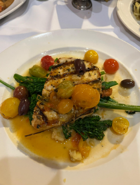 Grilled Swordfish with Mediterranean Veggies dish offered at Buonasera. 