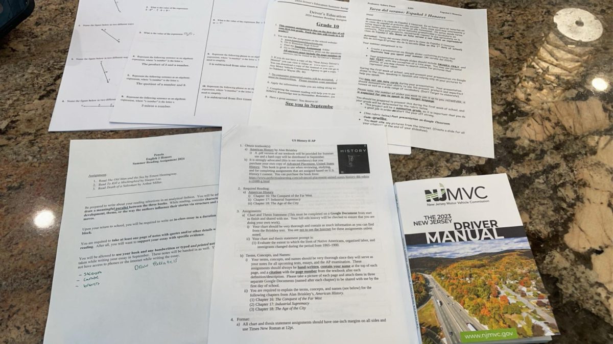 Pictured are the summer assignments for a student who is preparing to take Driver's Education, Honors English, AP U.S. History, CPA Geometry, Honors Spanish, and Honors Algebra 2. 
