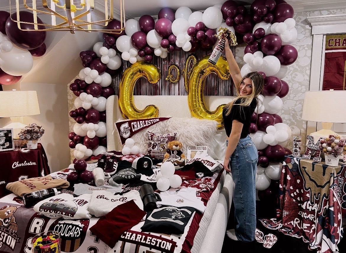 Senior Melina Lucci and her bed party for her commitment to the College of Charleston.