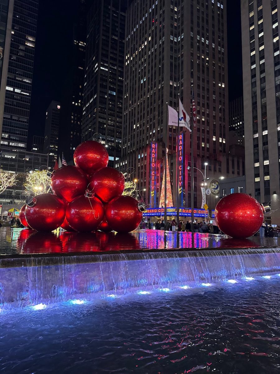 Festive holiday decorations at Radio City, lighting up the night in NYC.

