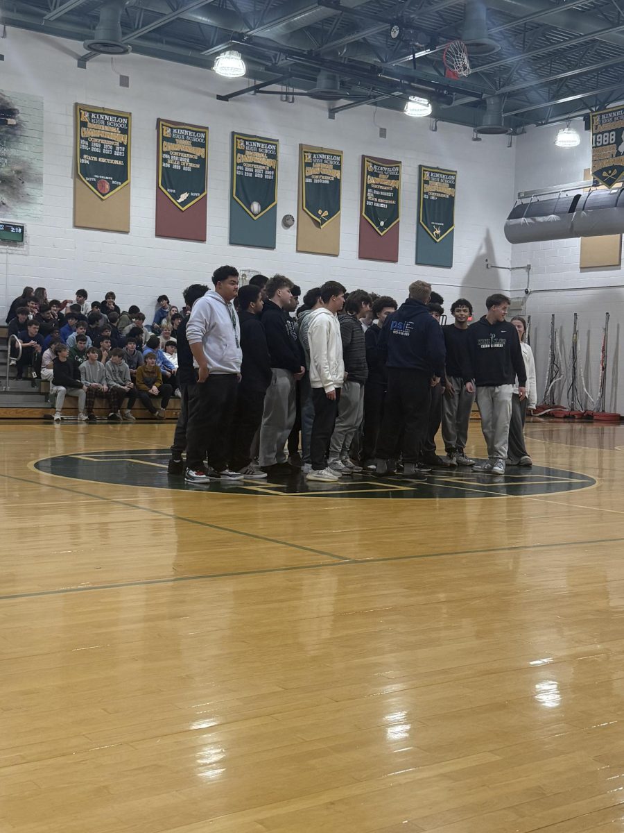 The KHS basketball team giving their introduction in the new gym at  the Dec. 5 Winter Pep Rally.
