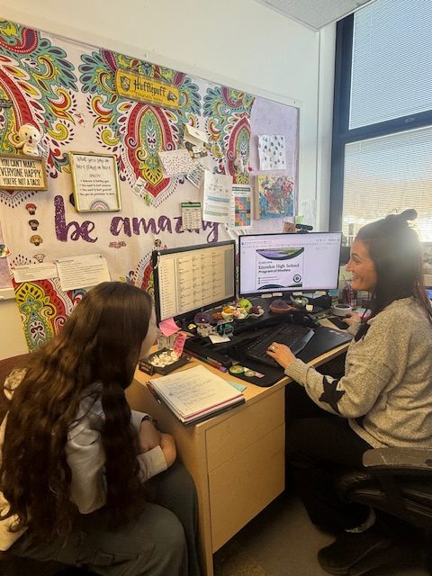 Guidance counselor Jolene Strunz talks to a student in her office. 