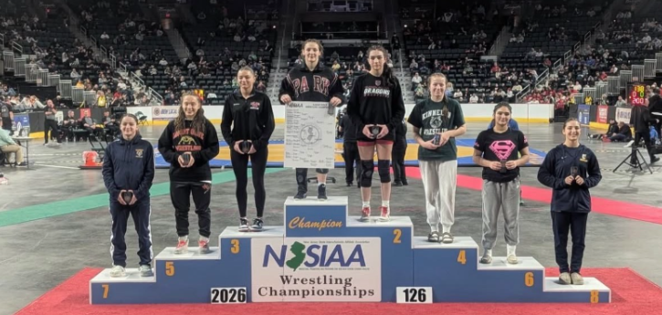 Polina Shardakova-Scorzafava placing fourth at the NJSIAA Wrestling Championships.